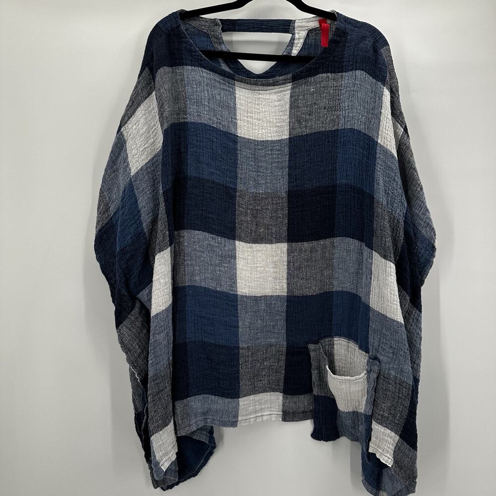 IC Connie K Blouse Top Shirt Womens 2X Blue Plaid Poncho‎ Linen Boxy Lagenlook